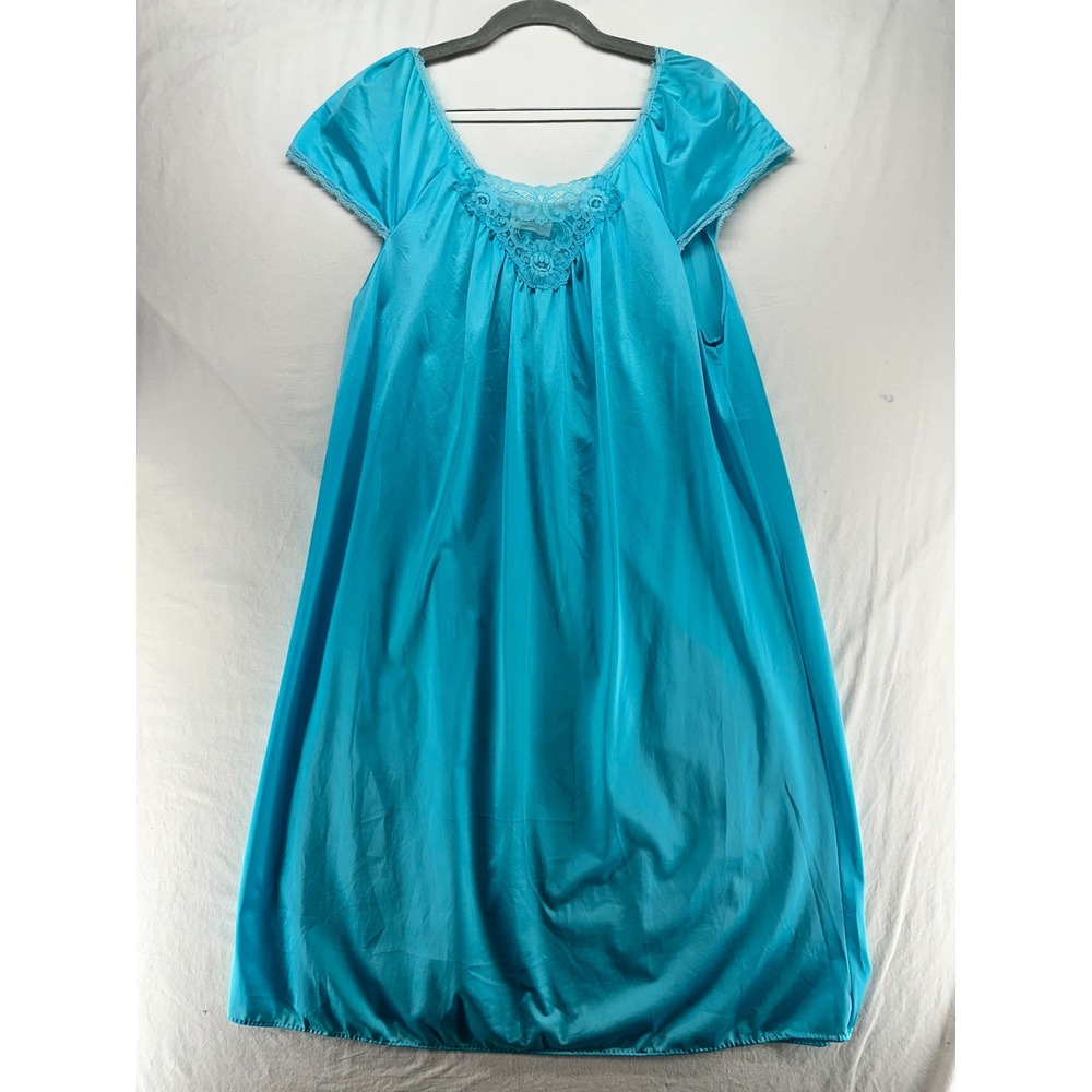 Vintage Lorraine Turquoise Blue Lace Trim Nightgown Made in USA Lingerie